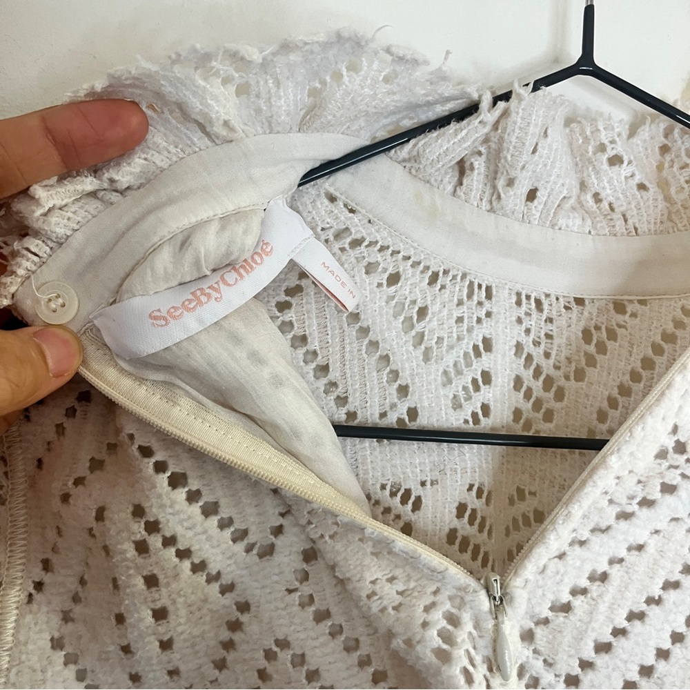 See by Chloe Cream Crochet Knit High Neck Victorian Style Long Sleeve Blouse - Picture 6 of 9